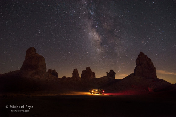 Vehicle among the pinnacles at night, Trona Pinnacles National Natural Landmark, CA, USA