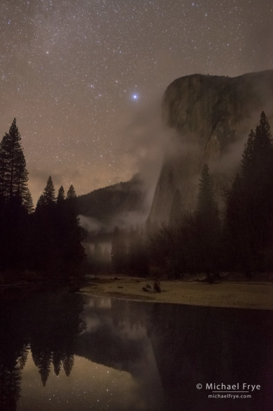 El Capitan and the Merced River at night, with Vega (bright star) and the Lyra constellation, Yosemite NP, CA, USA