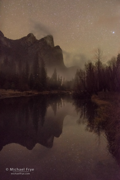Three Brothers and the Merced River at night, Yosemite NP, CA, USA
