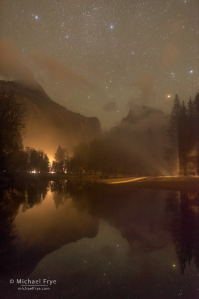 Half Dome, North Dome, and the Merced River at night, with illumination by car headlights, Yosemite NP, CA, USA
