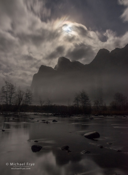 Moon, clouds, and Cathedral Rocks reflected in the Merced River, Yosemite NP, CA, USA