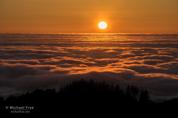 Fog and the setting sun over the San Joaquin Valley from the Sierra Nevada foothills, Mariposa County, CA, USA