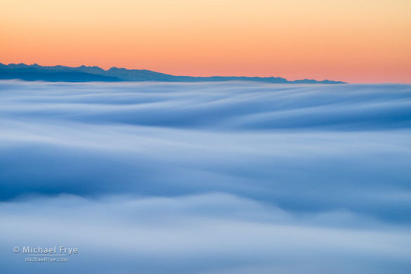 Fog and southern Sierra peaks from Mt. Bullion at sunrise, Mariposa County, CA, USA