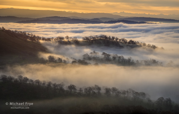 Foothill ridges rising above the fog with southern Sierra Nevada peaks in the distance, Mariposa County, CA, USA