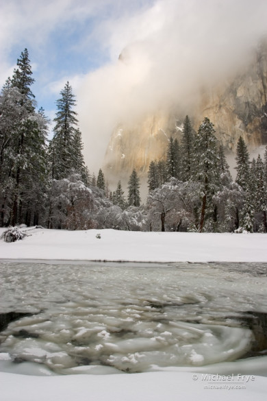 El Capitan with ice patterns in the Merced River, Yosemite NP, CA, USA