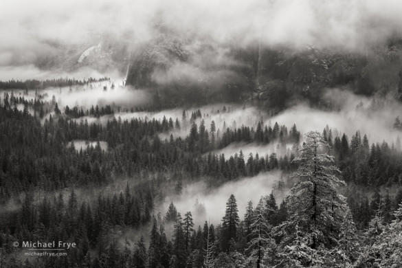 Mist and snow with Bridalveil Fall, Yosemite NP, CA, USA