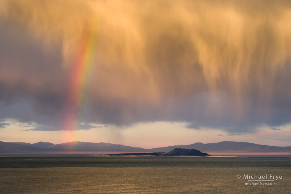 Rainbow and virga over Negit Island at sunset, Mono Lake, California, USA