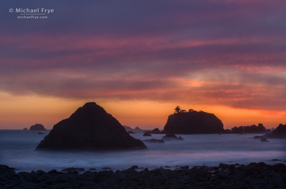 Sea stacks at sunset, near Crescent City, CA, USA