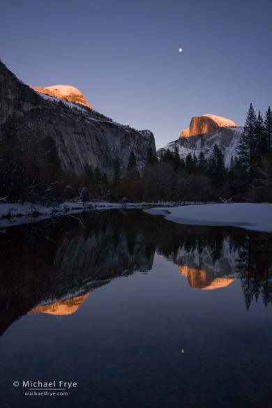 Half Dome and moon reflected in the Merced River, Yosemite NP, CA, USA