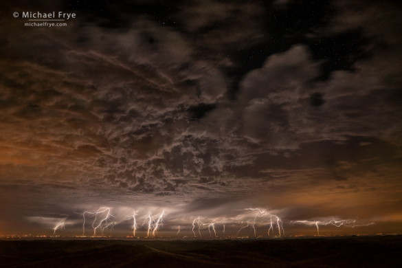 Lightning over the San Joaquin Valley from the Sierra Nevada foothills, California, USA