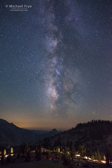 The Milky Way over Half Dome from Olmsted Point, with car lights in the foreground, Yosemite NP, CA, USA