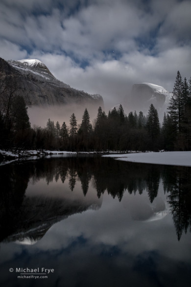 Half Dome, North Dome, and the Merced River by moonlight, Yosemite NP, CA, USA