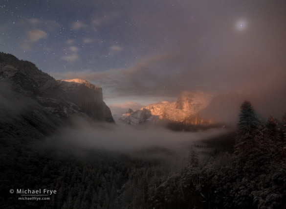 Yosemite Valley lit by the setting moon, with Jupiter above, Yosemite NP, CA, USA