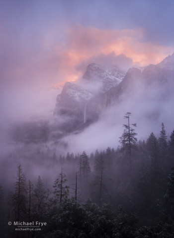 Misty sunset over Bridalveil Fall, Yosemite NP, CA, USA