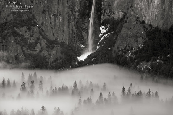 Bridalveil Fall, mist, and trees, Yosemite NP, CA, USA