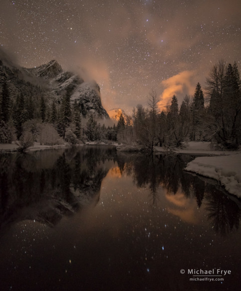 Stars, mist, Three Brothers, and the Merced River, Yosemite NP, CA, USA