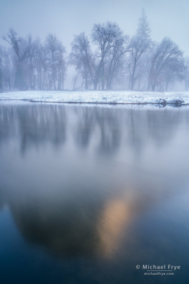 El Capitan reflected in the Merced River on a misty morning, Yosemite NP, CA, USA