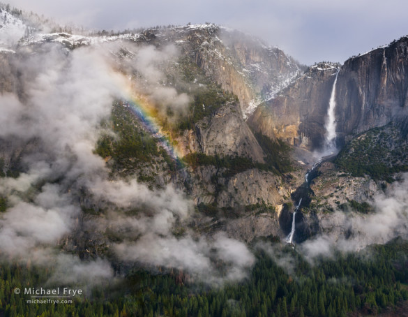 Rainbow, mist, and Yosemite Falls, Yosemite NP, CA, USA