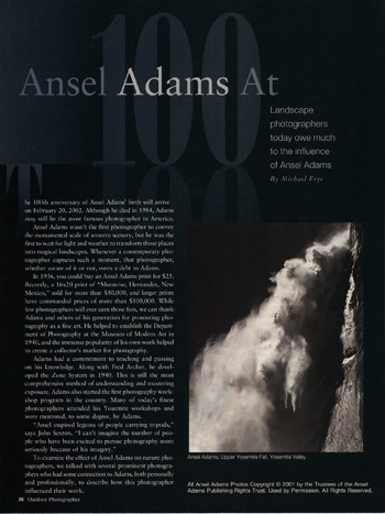 Ansel Adams at 100, from Outdoor Photographer magazine, February 2002