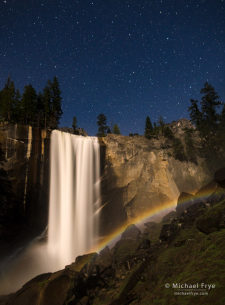 Lunar rainbow beneath Vernal Fall, Yosemite; 20 seconds at f/2.8, ISO 2500