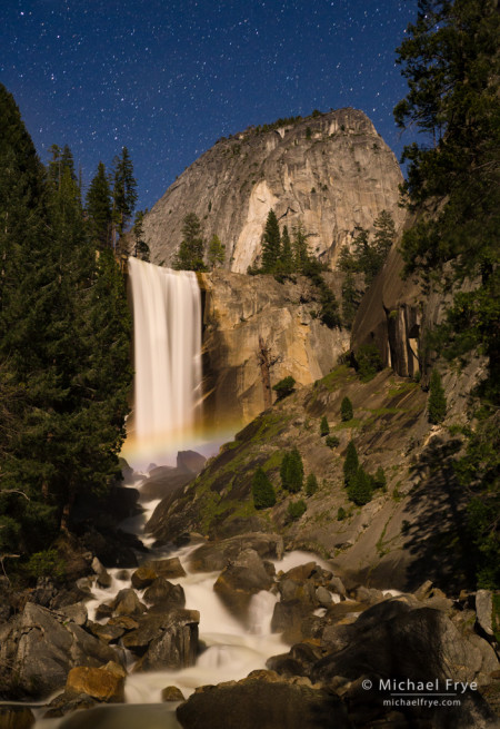 Vernal Fall and Liberty Cap at night with a lunar rainbow, Yosemite NP, CA, USA