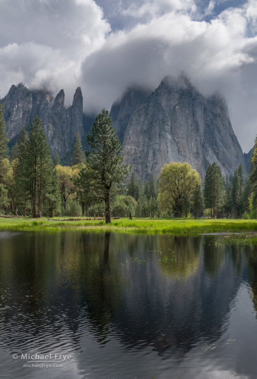 Cathedral Rocks and Spires and a spring pond, Yosemite NP, CA, USA