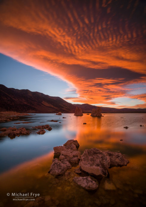 Fiery sunset over Mono Lake, CA, USA
