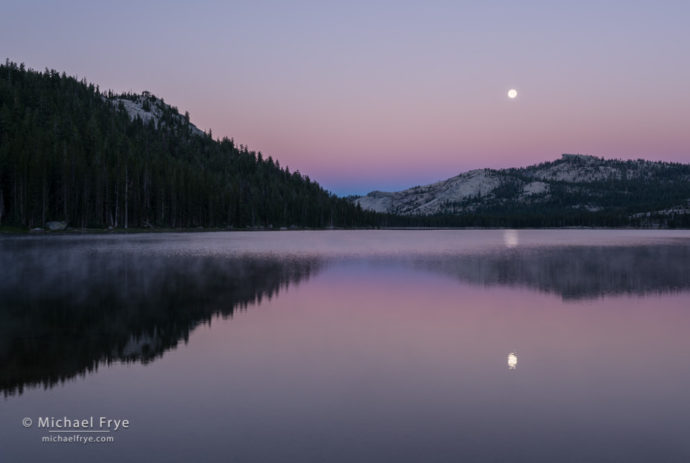 Moon setting over Tenaya Lake at dawn, Yosemite NP, CA, USA