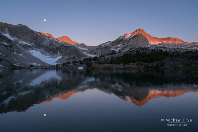 Moon setting above Mt. Conness and North Peak at sunrise, Inyo NF, CA, USA