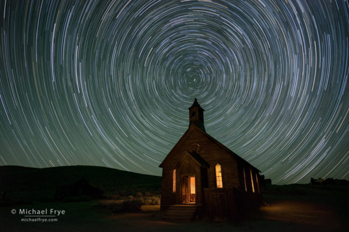 Star trails over the Methodist Church, Bodie State Historic Park, CA, USA