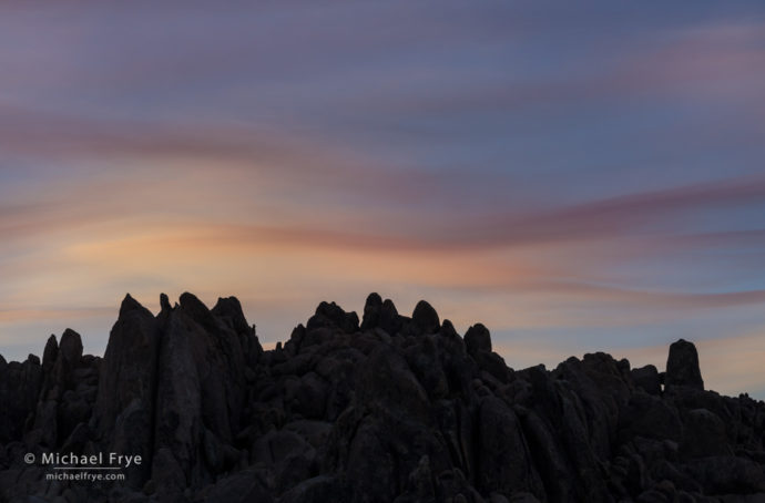 Smoke at sunset over the rocks of the Alabama Hills, near Lone Pine, CA, USA