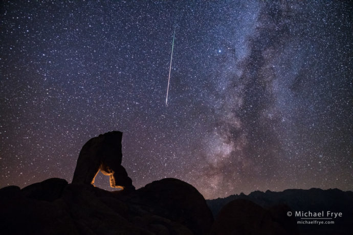 Arch, meteor, and the Milky Way, Alabama Hills near Lone Pine, CA, USA