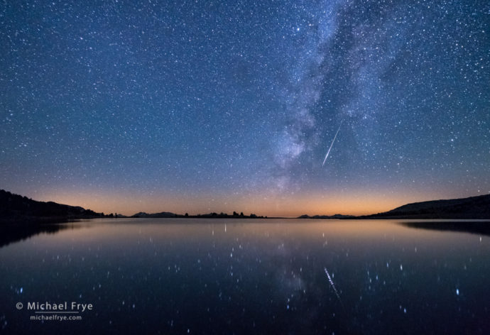 Meteor and the Milky Way over an alpine lake, Yosemite NP, CA, USA