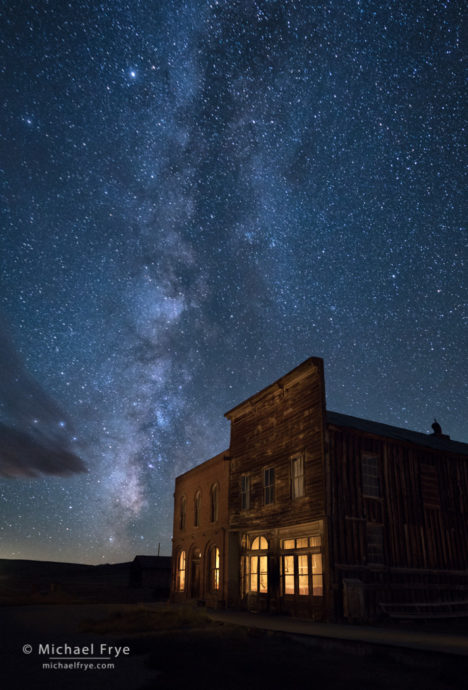 DeChambeau Hotel and I.O.O.F. Hall at night, Bodie State Historic Park, CA, USA