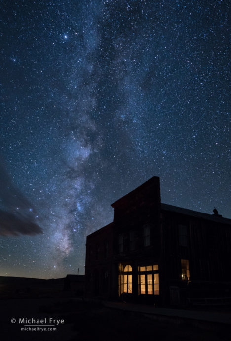 DeChambeau Hotel and I.O.O.F. Hall at night, Bodie State Historic Park, CA, USA