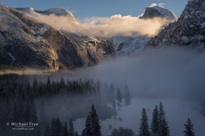 Half Dome and North Dome above Yosemite Valley, winter, Yosemite NP, CA, USA