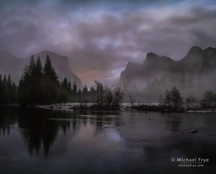 Misty night, Gates of the Valley, Yosemite NP, CA, USA