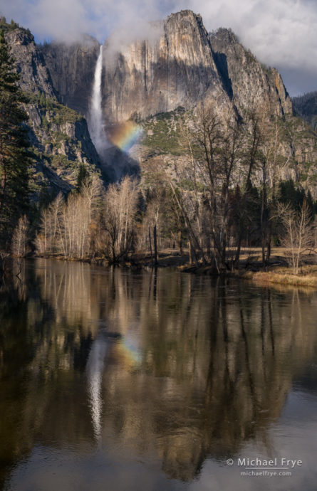 Upper Yosemite, rainbow, and reflection in the Merced River, Yosemite NP, CA, USA