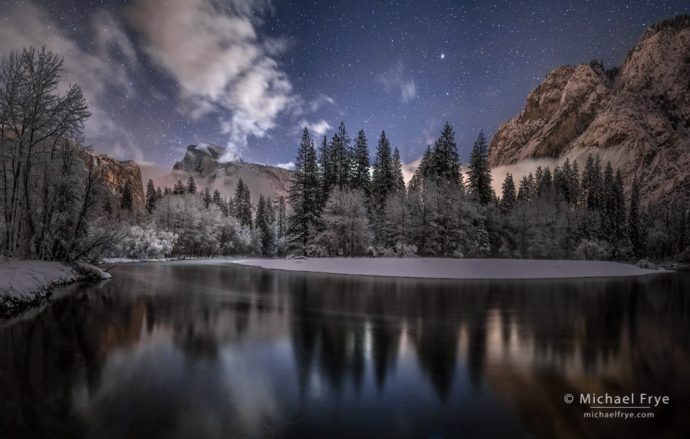 Moonlit winter night with Half Dome, Glacier Point, and the Merced River, Yosemite NP, CA, USA