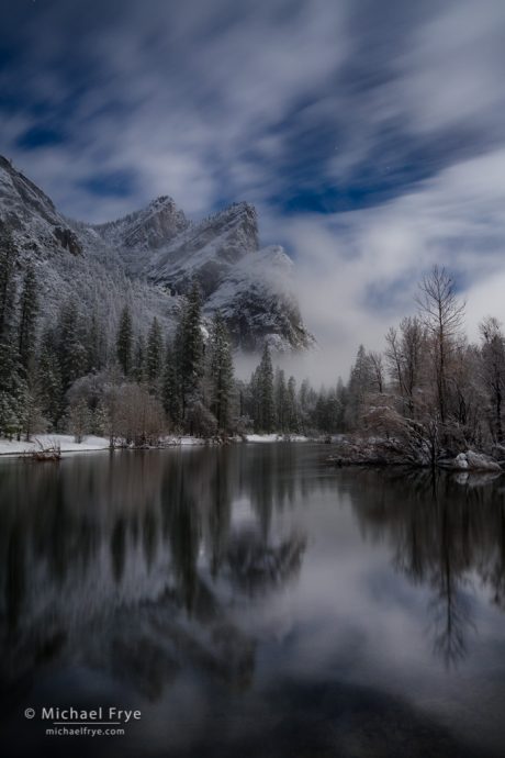 Three Brothers and the Merced River by moonlight, Yosemite NP, CA, USA