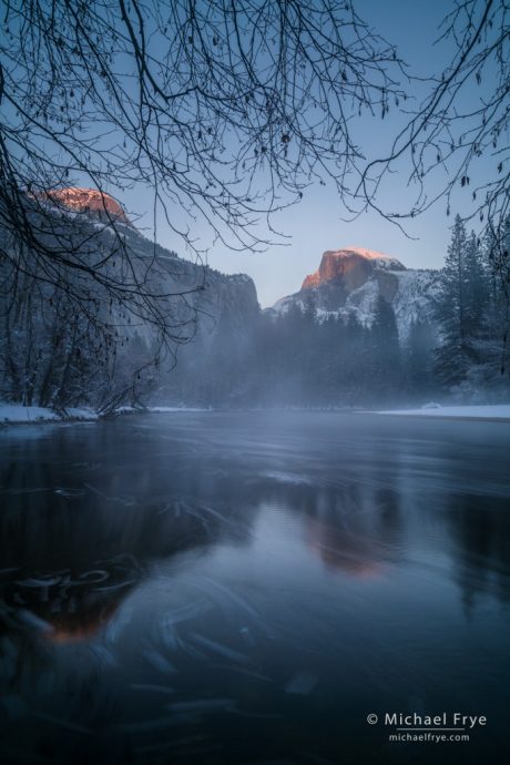 Half Dome, North Dome and the Merced River at sunset, Yosemite NP, CA, USA