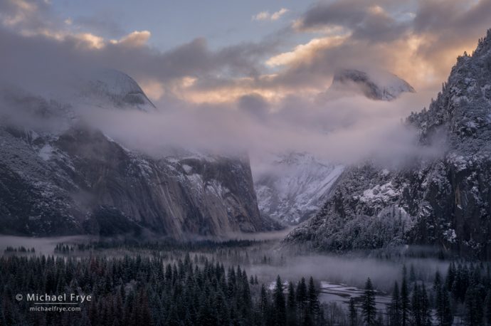 Half Dome, North Dome, and Yosemite Valley at sunrise, Yosemite NP, CA, USA