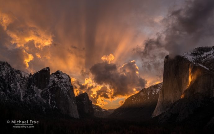 Sunset over Yosemite Valley with Cathedral Rocks, El Capitan, and Horsetail Fall, Yosemite NP, CA, USA