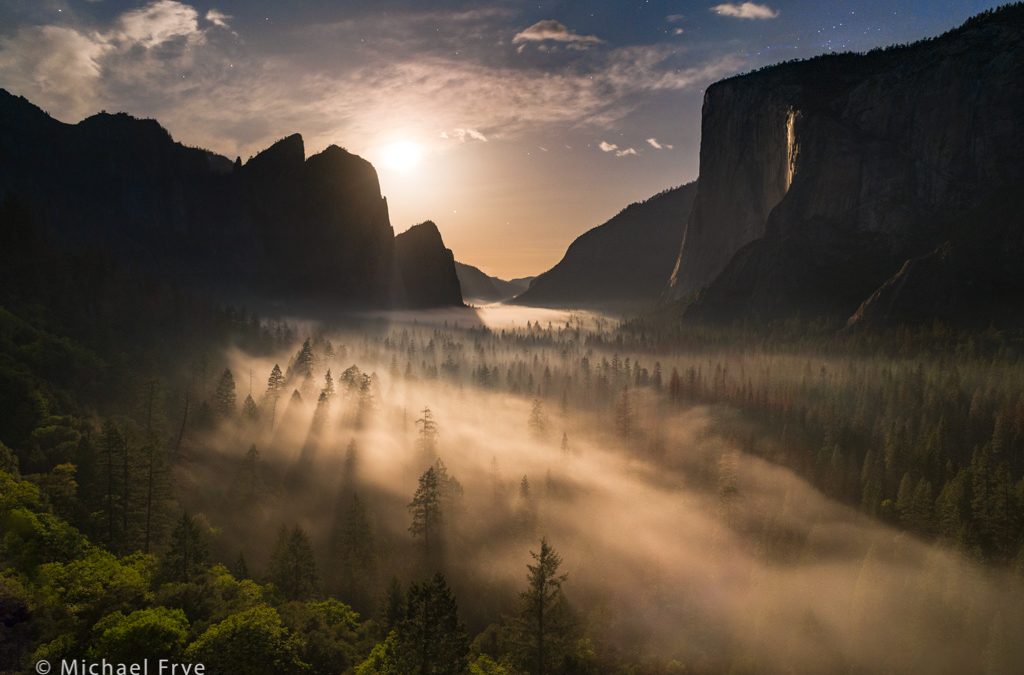 Moon Setting over Yosemite Valley and Horsetail Fall