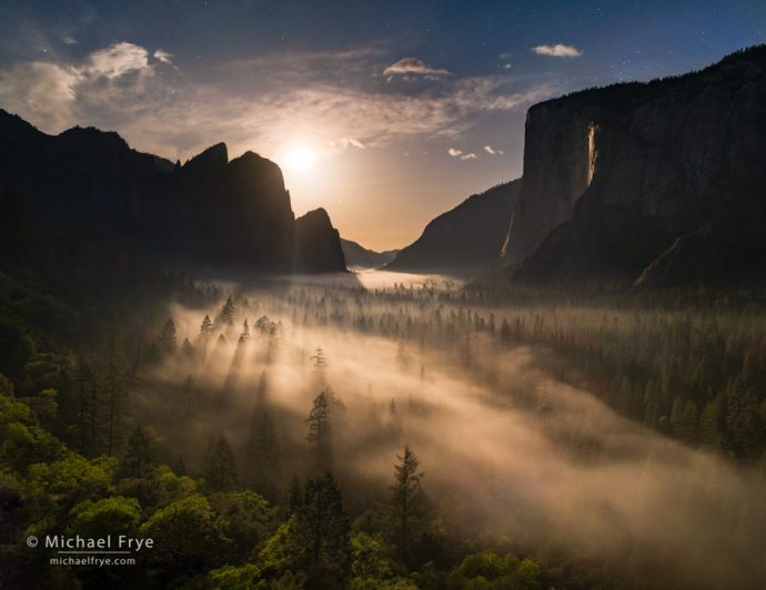 Moon setting over Yosemite Valley and Horsetail Fall, Yosemite NP, CA, USA