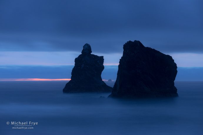 Sea stacks at dusk, Redwood NP, CA, USA