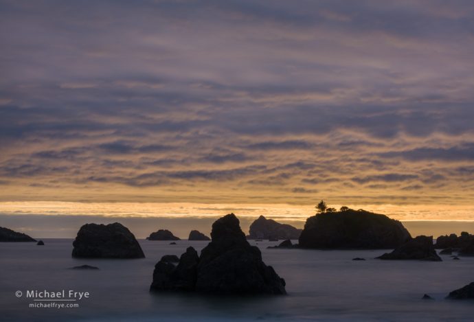Clouds and sea stacks at sunset, Crescent City, CA, USA