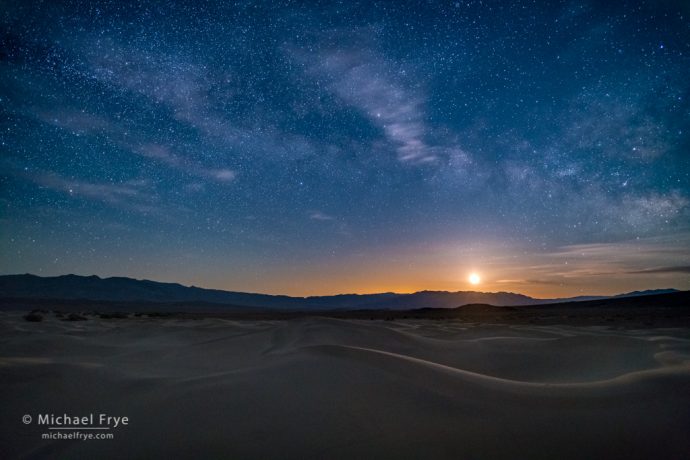 Moon rising over the Mesquite Flat Dunes, Death Valley NP, CA, USA