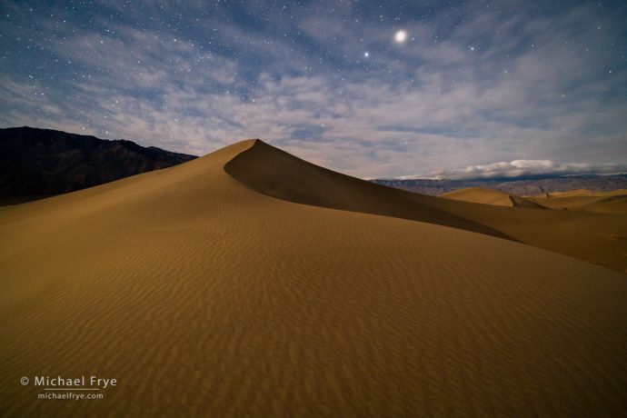 Moonlit sand dune and Jupiter, Death Valley NP, CA, USA