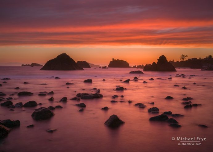 Sea stacks at sunset, Crescent City, CA, USA